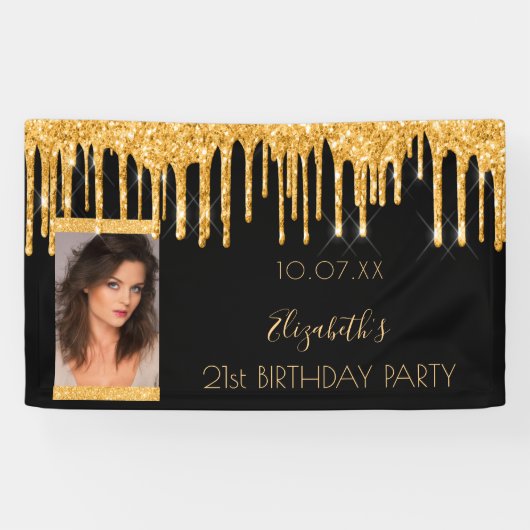 誕生日パーティー写真ブラック金ゴールドグリッターへようこそ 横断幕 (横)