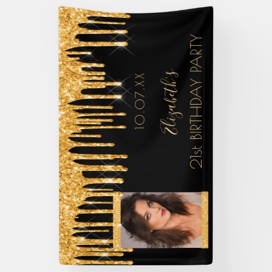 誕生日パーティー写真ブラック金ゴールドグリッターへようこそ 横断幕 (縦)