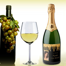 誕生日パーティー写真ブラック金ゴールドグリッター スパークリングワインラベル