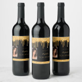 誕生日パーティー写真ブラック金ゴールドグリッターglam ワインラベル (ボトル)