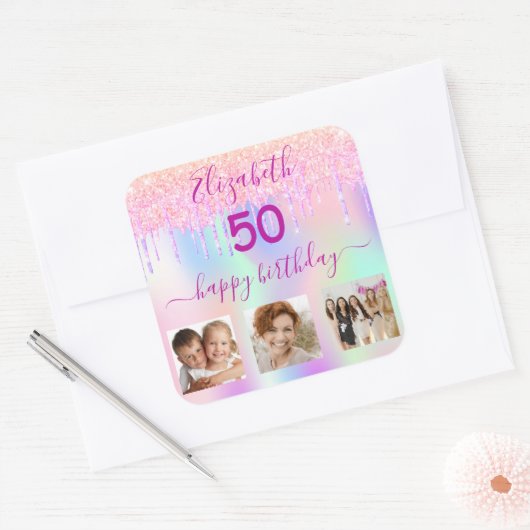 誕生日パーティー写真レインボーホログラフィックグリッター スクエアシール (封筒)