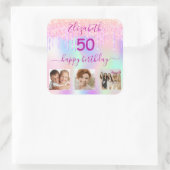 誕生日パーティー写真レインボーホログラフィックグリッター スクエアシール (バッグ)