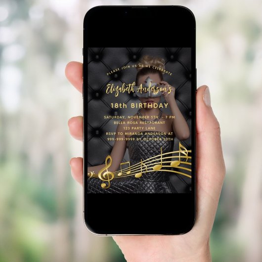 誕生日パーティー写真金ゴールド音楽ノート豪華 招待状
