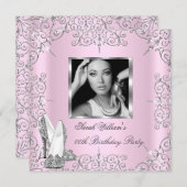 誕生日パーティー女性のピンクのシルバーヒール写真 招待状 (正面/裏面)