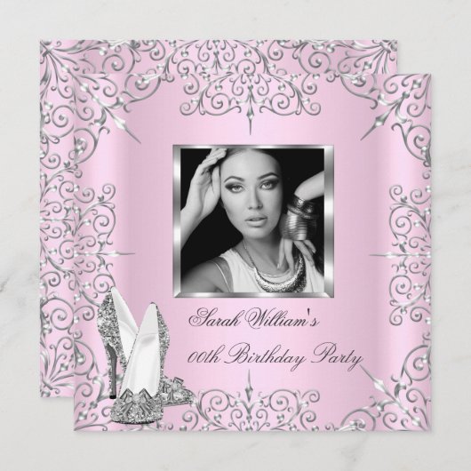 誕生日パーティー女性のピンクのシルバーヒール写真 招待状 (正面/裏面)