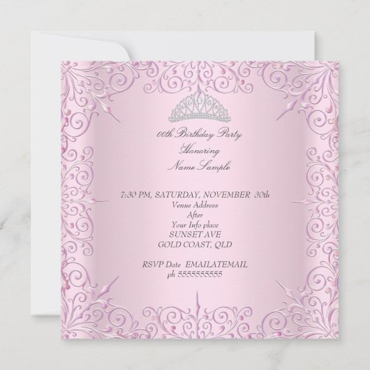 誕生日パーティー女性の女の子ピンクティアラ写真2 招待状 (裏面)