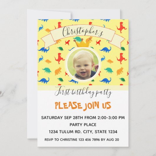 誕生日パーティー恐竜の男の赤ちゃん写真 招待状 (正面)