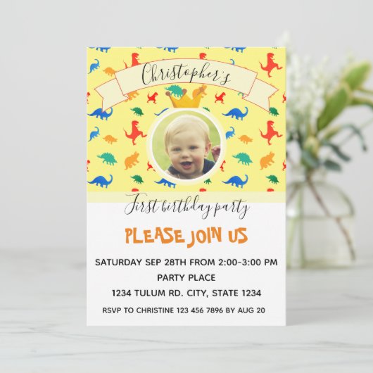 誕生日パーティー恐竜の男の赤ちゃん写真 招待状 (スタンド正面)