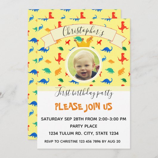 誕生日パーティー恐竜の男の赤ちゃん写真 招待状 (正面/裏面)