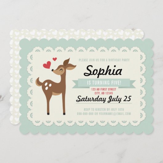 誕生日パーティー招待ガールカワイレトロ鹿 招待状 (正面/裏面)