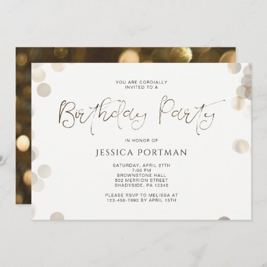 誕生日パーティー招待モダン金ゴールドルック《写真》ぼけ味 招待状 (正面/裏面)