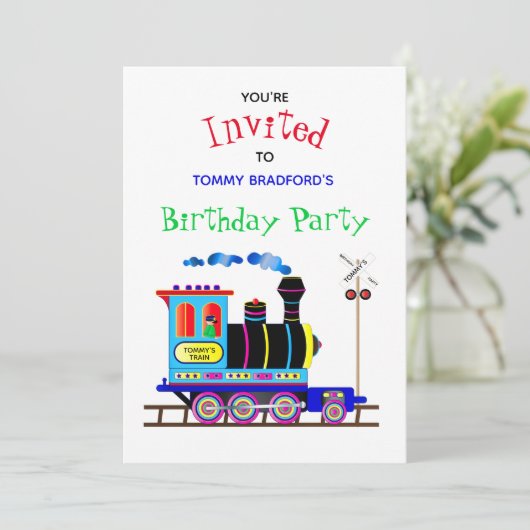 誕生日パーティー招待子供朱中電車の色 招待状 (スタンド正面)