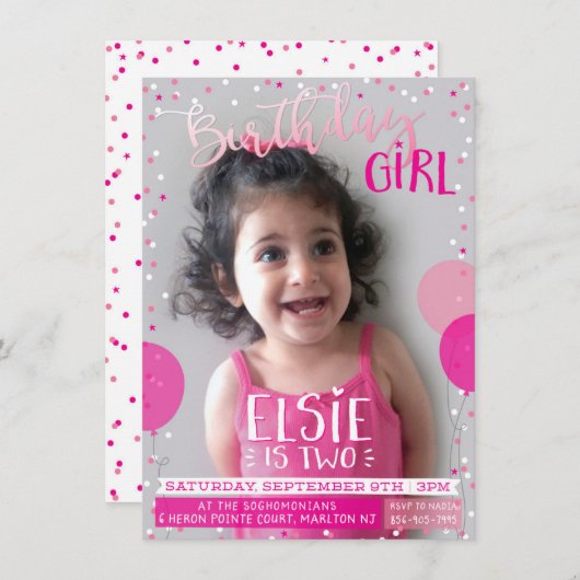 誕生日パーティー招待状かわいいピンク色のバルーン紙吹雪 招待状 (正面/裏面)