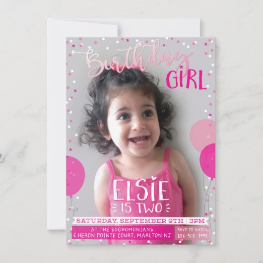 誕生日パーティー招待状かわいいピンク色のバルーン紙吹雪 招待状 (正面)