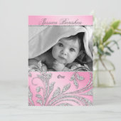 誕生日パーティー招待状ベビーグリッター葉ピンク 招待状 (スタンド正面)