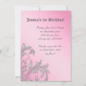 誕生日パーティー招待状ベビーグリッター葉ピンク 招待状 (裏面)