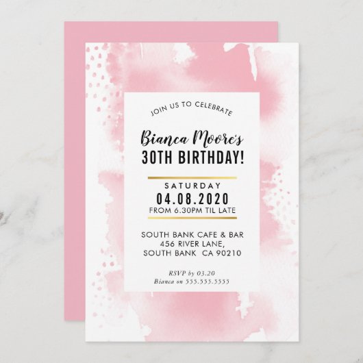 誕生日パーティー招待状モダン水彩ピ淡い色のンク 招待状 (正面/裏面)