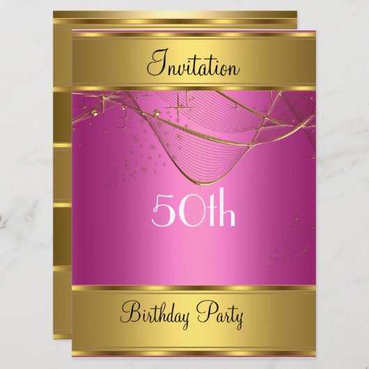 誕生日パーティー招待状 ゴールド 50歳の誕生日 ピンク 招待状 (正面/裏面)