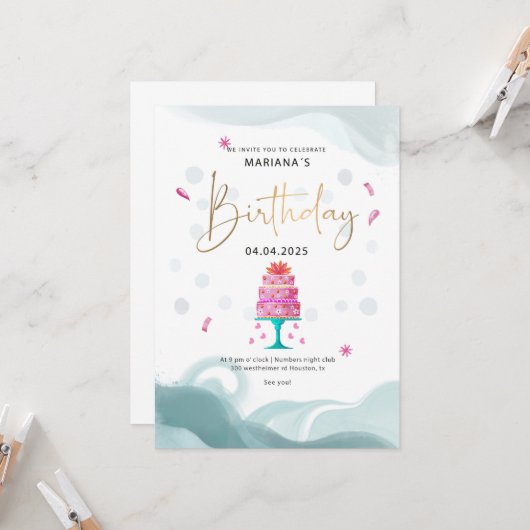 誕生日パーティー招待状 | ピンクのケーキ テーマ | オーダーメイド 招待状 (正面/裏面インサイチュ)