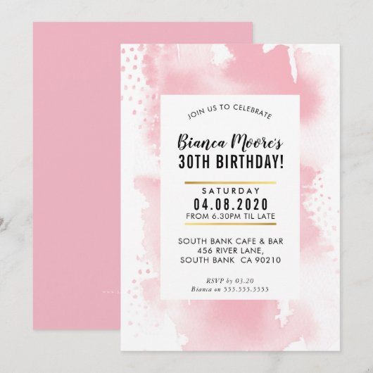 誕生日パーティー招待状 モダン水彩淡ピンク 招待状 (正面/裏面)