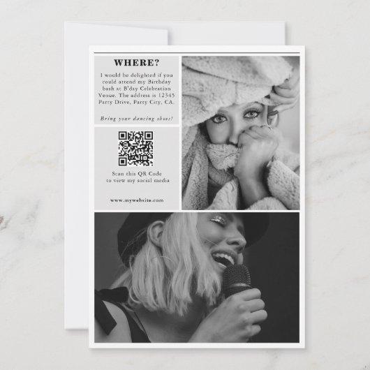 誕生日パーティー新聞おもしろいモノクロ写真 招待状 (裏面)