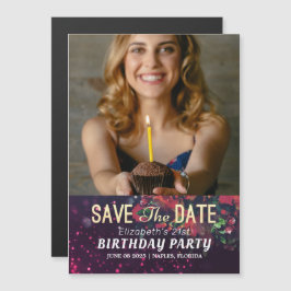 誕生日パーティー日付を保存Burgundyフローラ写真 マグネット招待状