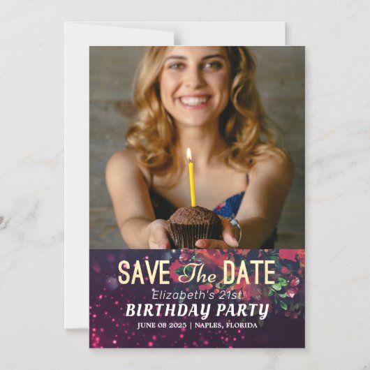 誕生日パーティー日付を保存Burgundyフローラ写真 マグネット招待状 (正面)