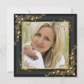 誕生日パーティー木炭ブラック金ゴールドホワイト写真 招待状 (裏面)