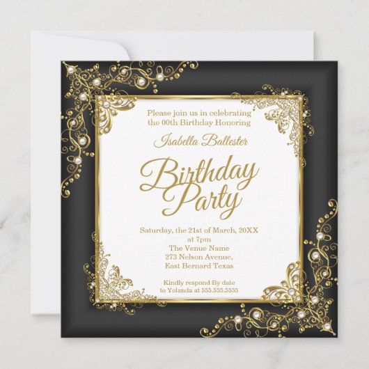 誕生日パーティー木炭ブラック金ゴールドホワイト写真 招待状 (正面)