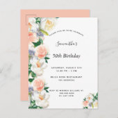 誕生日パーティー水色花模様白サンゴ インビテーションポストカード (正面/裏面)