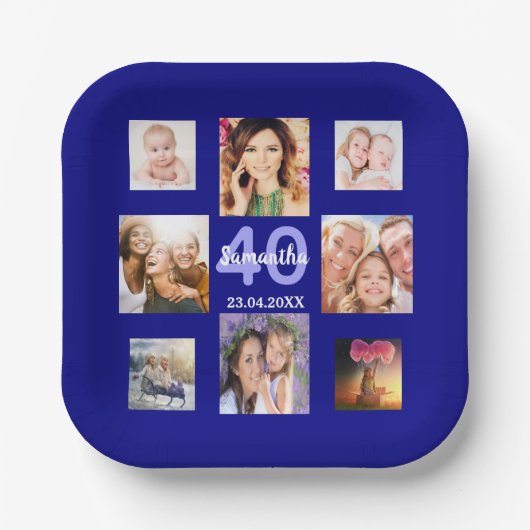 誕生日パーティー海軍の青い写真コラージュの女性 ペーパープレート (正面)