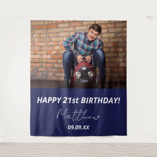 誕生日パーティー海軍の青い写真男 タペストリー (正面)