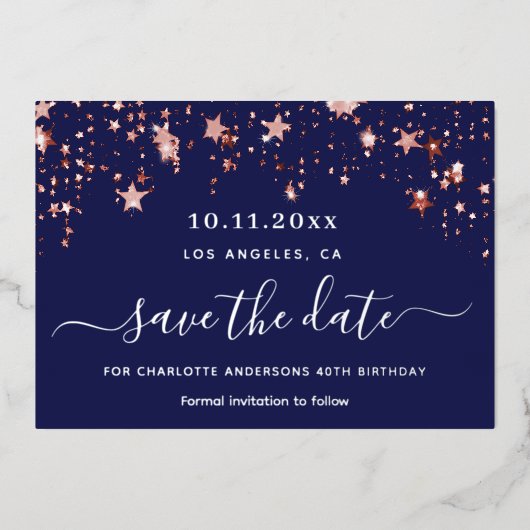 誕生日パーティー海軍ブルーバラ日付を保存 箔シーズンカード (正面)