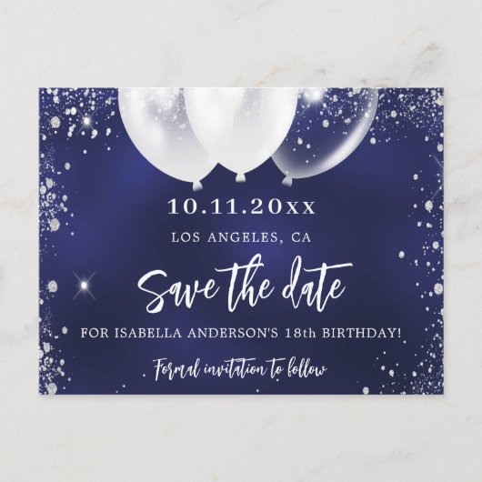 誕生日パーティー海軍ブルーホワイト日付を保存 案内ポストカード (正面)