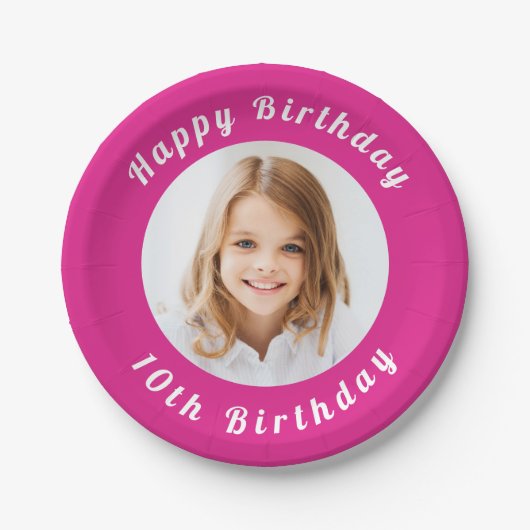 誕生日パーティー熱いピンクのフォトガール ペーパープレート (正面)