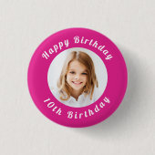 誕生日パーティー熱いピンクのフォトガール 缶バッジ (正面)
