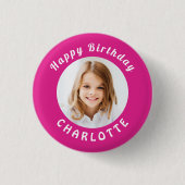 誕生日パーティー熱いピンクの写真の女の子名 缶バッジ (正面)