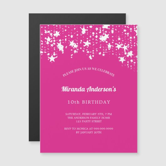誕生日パーティー熱いピンクの白い星の女の子ラグジュアリー マグネット招待状 (正面/裏面)