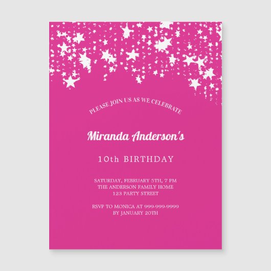 誕生日パーティー熱いピンクの白い星の女の子ラグジュアリー マグネット招待状 (正面)