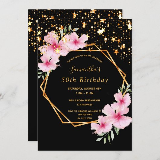 誕生日パーティー熱帯幾何学的ブラック金ゴールド星 招待状 (正面/裏面)