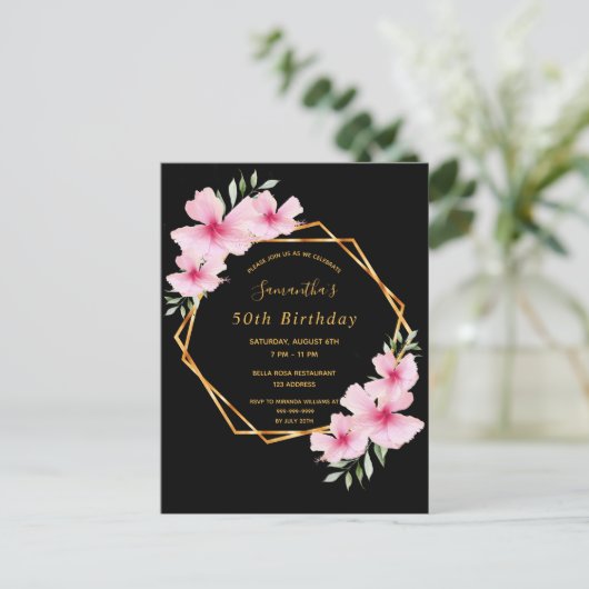 誕生日パーティー熱帯幾何学黒の招待 ポストカード (スタンド正面)