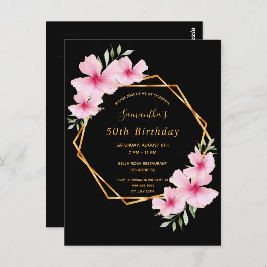 誕生日パーティー熱帯幾何学黒の招待 ポストカード (正面/裏面)