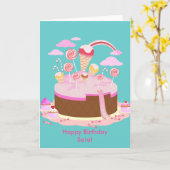 誕生日パーティー用のお菓子とチョコレートケーキ カード (黄色い花)