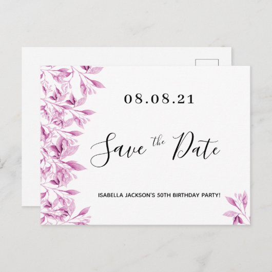 誕生日パーティー白いピンクの花模様は日付を保存 ポストカード (正面/裏面)