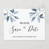 誕生日パーティー白い青の植物日付を保存 ポストカード (正面)