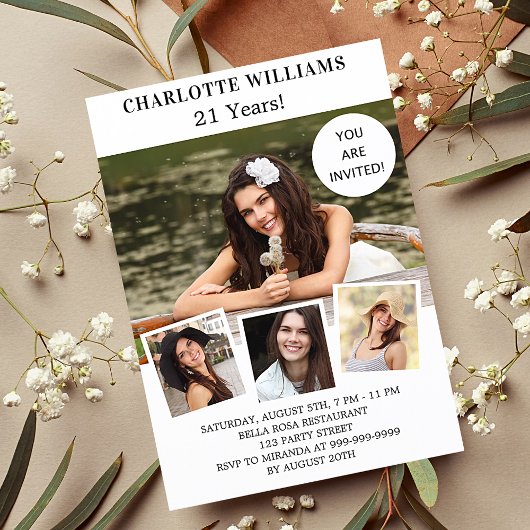 誕生日パーティー白バラ金ゴールド写真コラージュ インビテーションポストカード