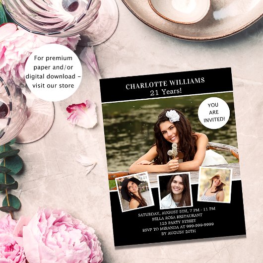 誕生日パーティー白黒の写真の予算の招待 チラシ