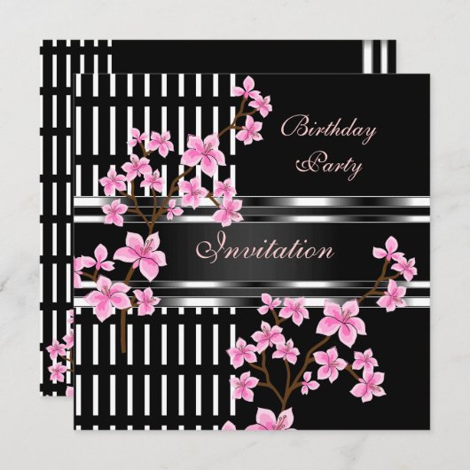 誕生日パーティー白黒アジアンピンクの花 招待状 (正面/裏面)