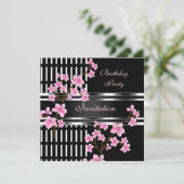 誕生日パーティー白黒アジアンピンクの花 招待状 (スタンド正面)