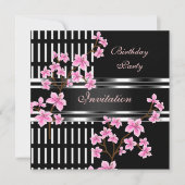誕生日パーティー白黒アジアンピンクの花 招待状 (正面)